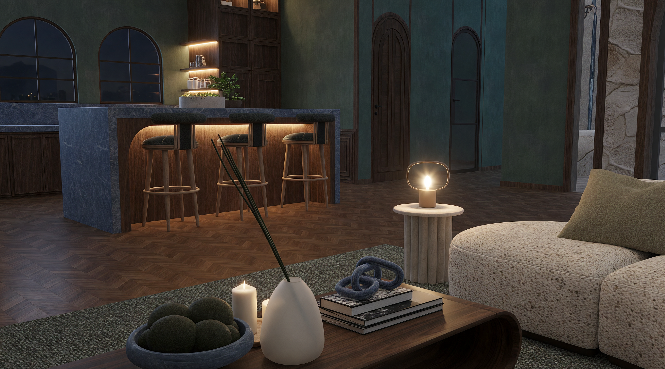 ANGUL-AIRE House — lounge bar with Venetian plaster and herringbone floors