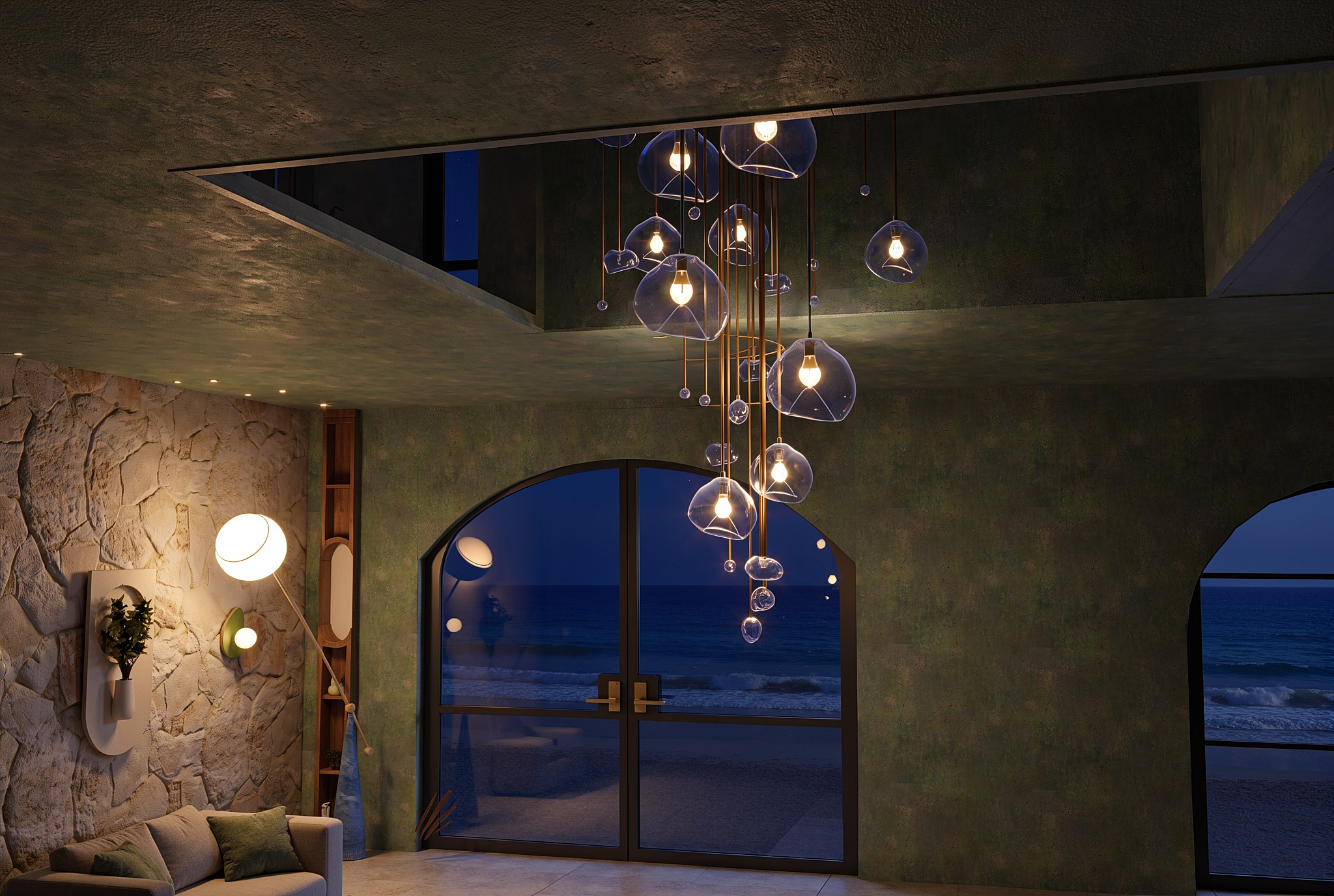 Double-height foyer with cascading glass pendants above arched ocean-view doors