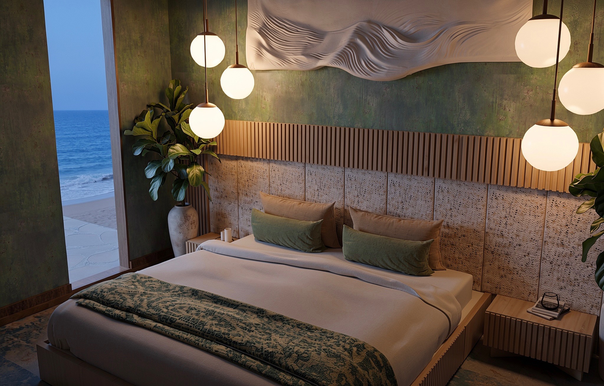 Oceanfront primary suite with green plaster and globe pendant lights