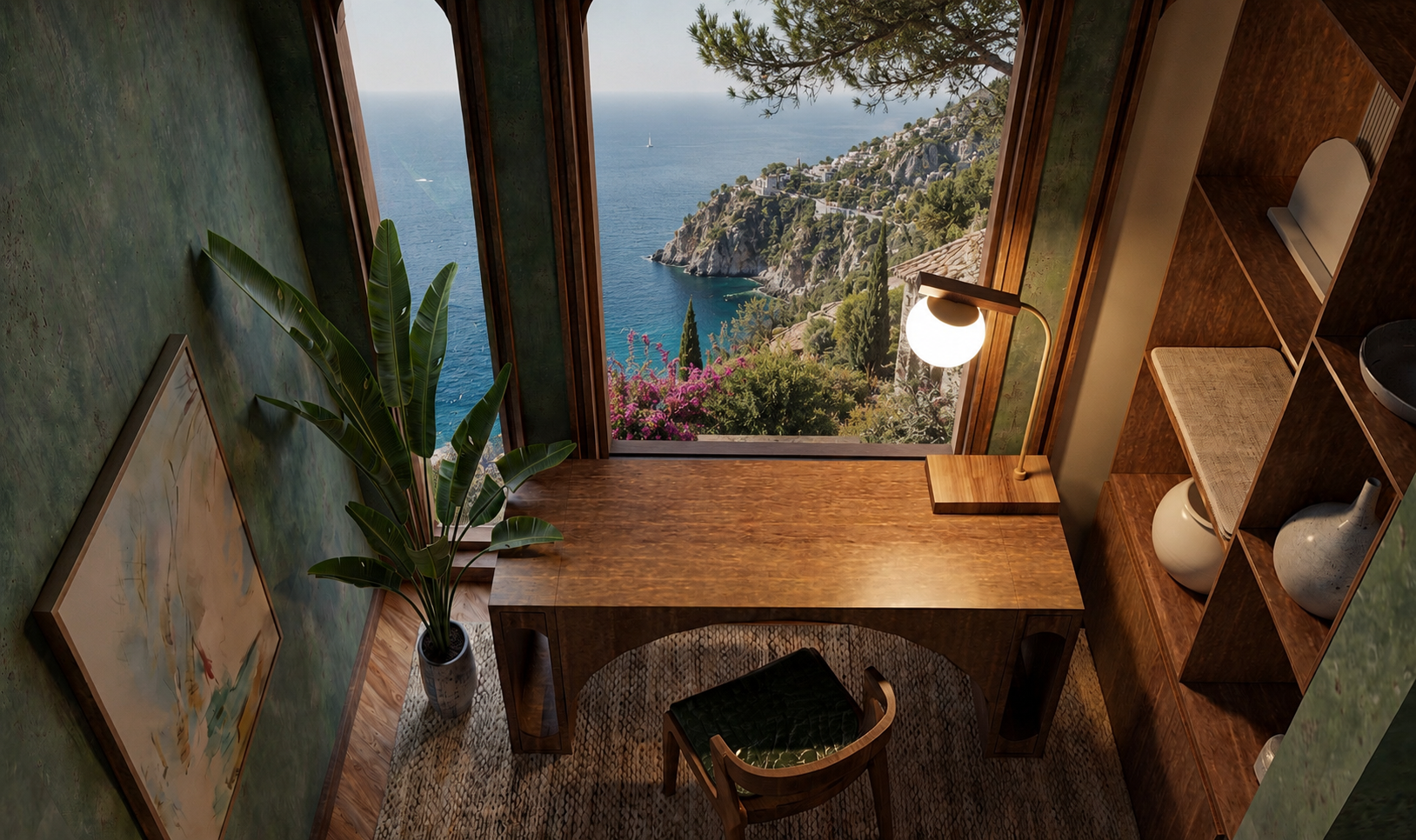Burl walnut writing desk in a green plaster study framed by windows over the coastline