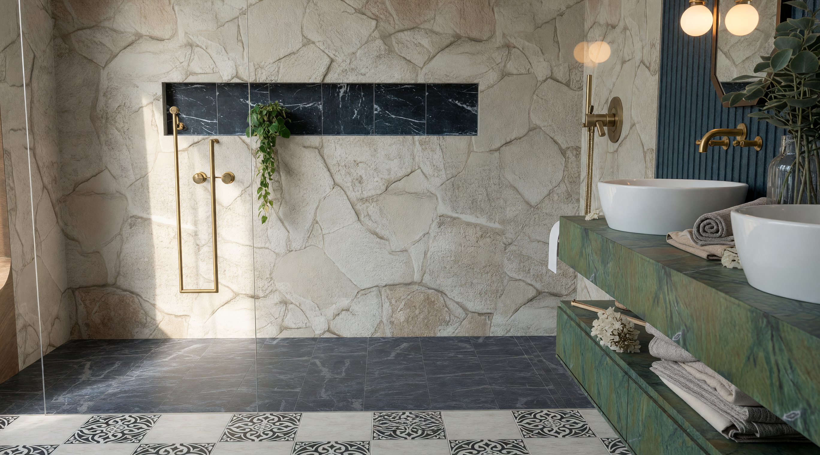 Bathroom with a natural stone wall, green marble vanity, and patterned tile flooring
