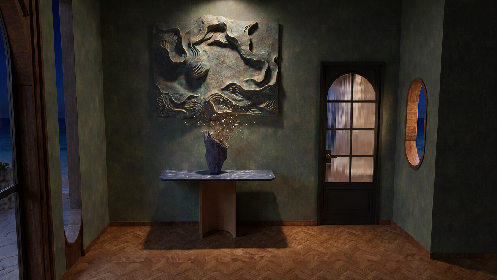 Nighttime foyer with a bronze wave relief above a marble console and beachfront view
