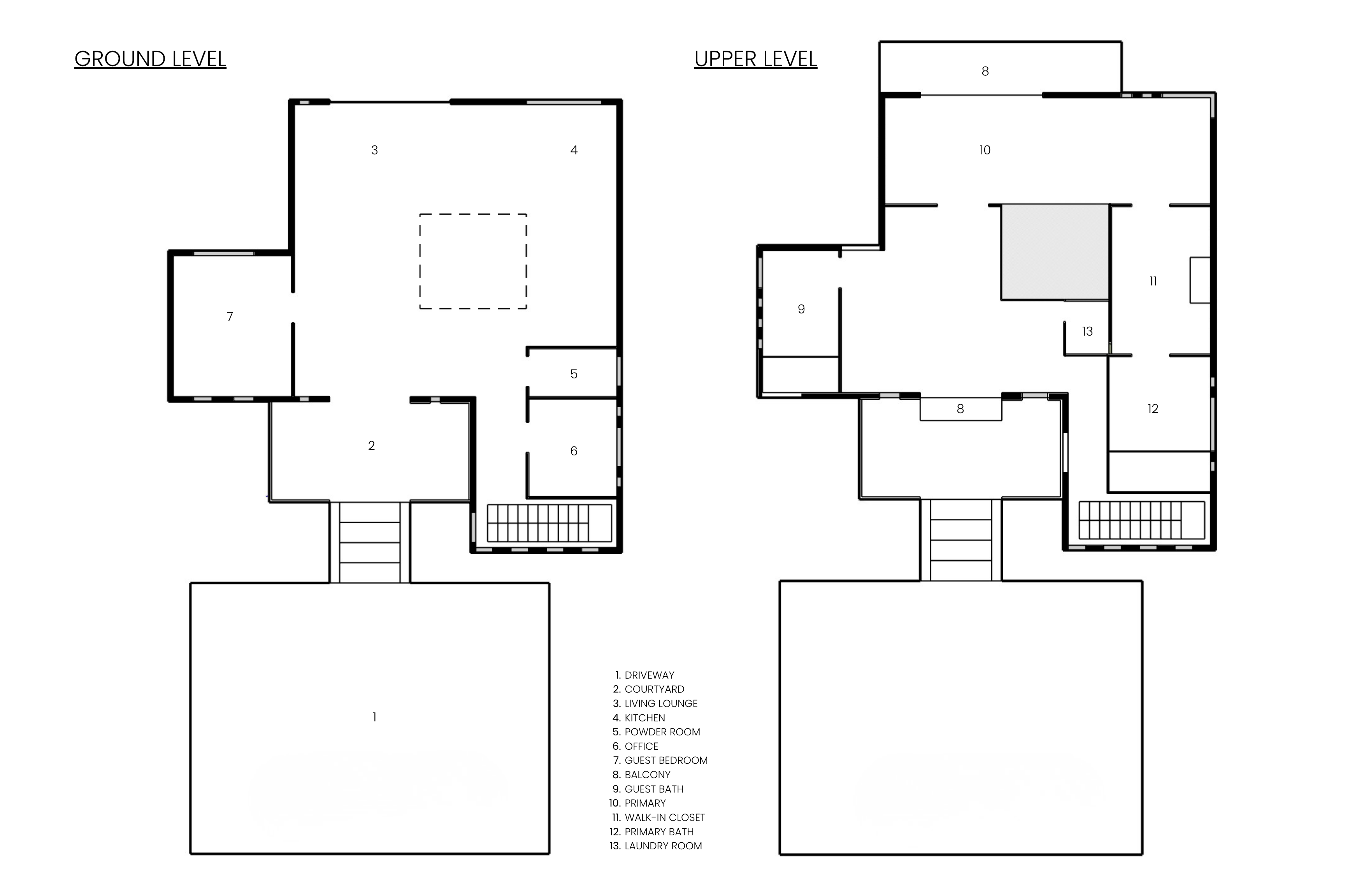 ANGUL-AIRE House — ground level and upper level floor plans with room legend