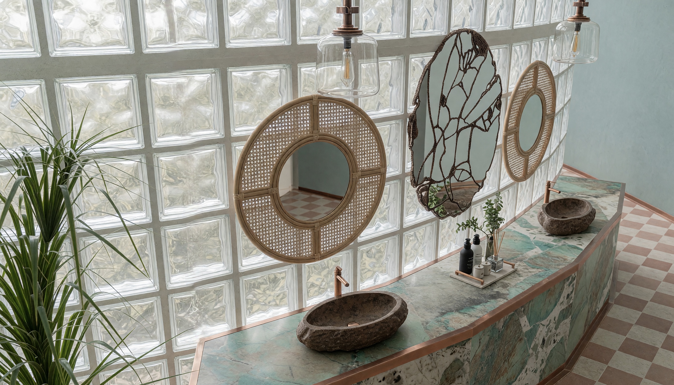 Infinity Villa bathroom detail in brass and hammered copper