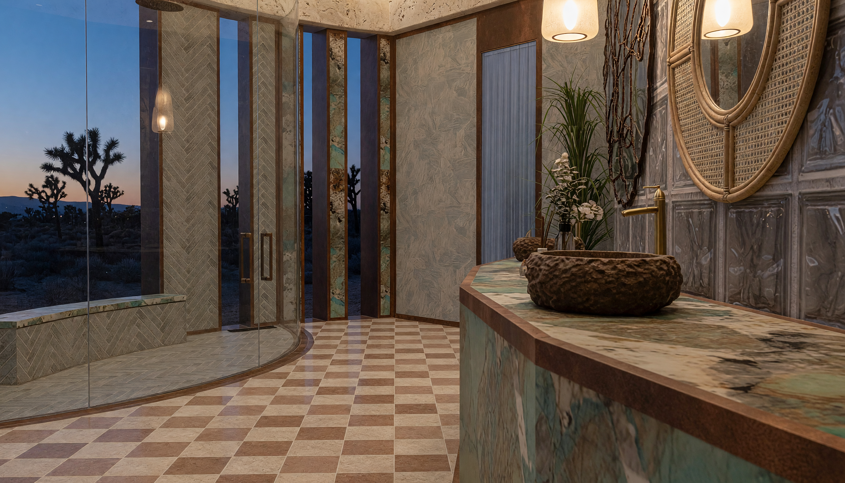 Infinity Villa bathroom in travertine and textured plaster