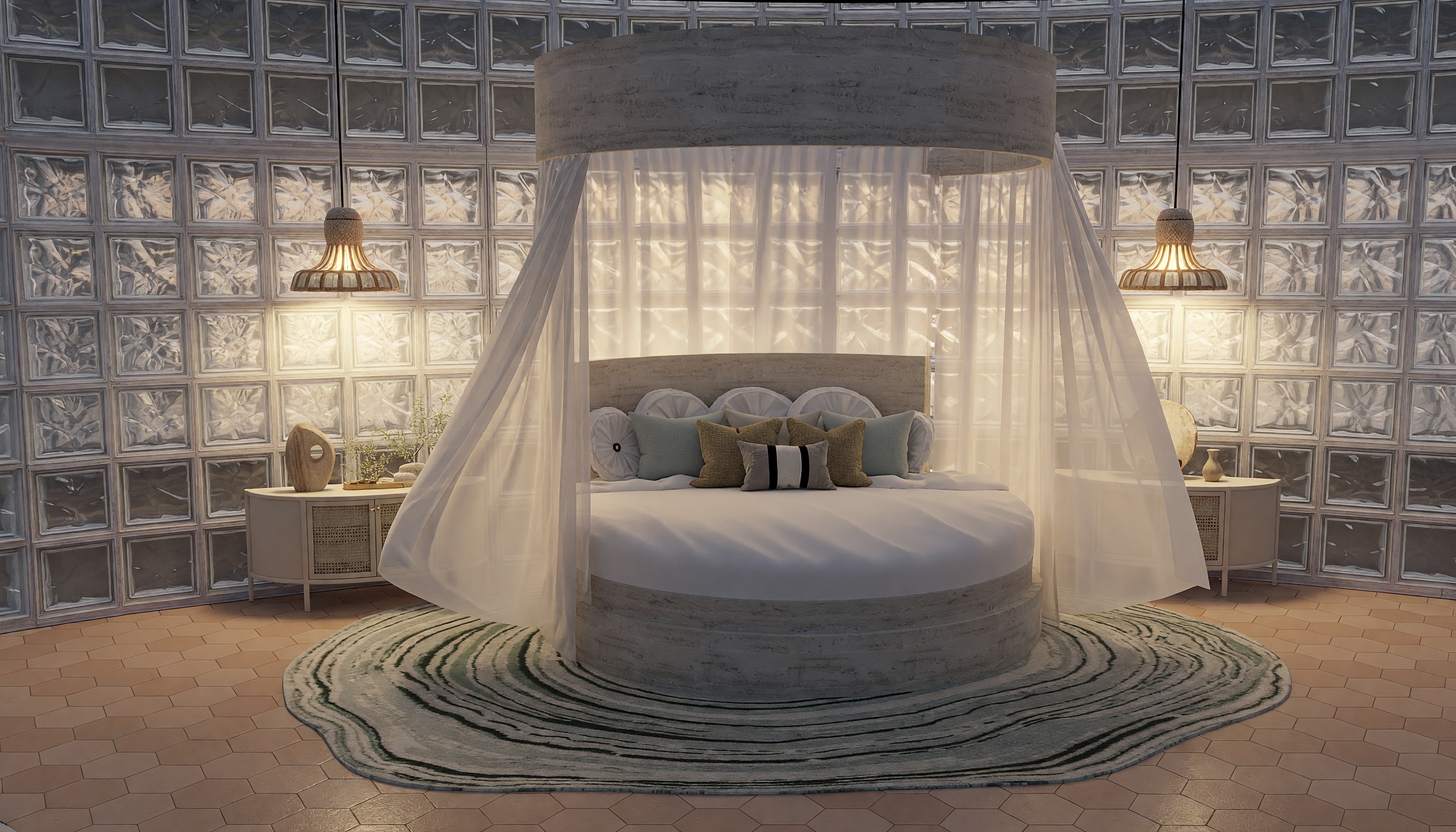 Infinity Villa bedroom with earthen tones and natural textures