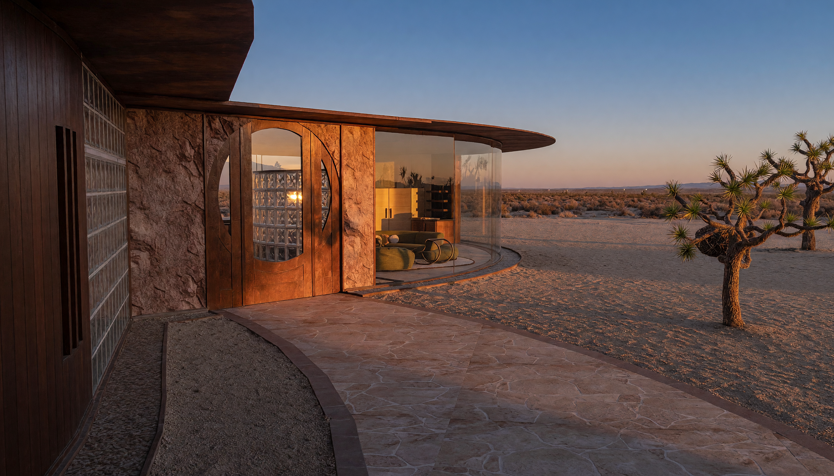 Infinity Villa entrance in daylight framed by earthen walls