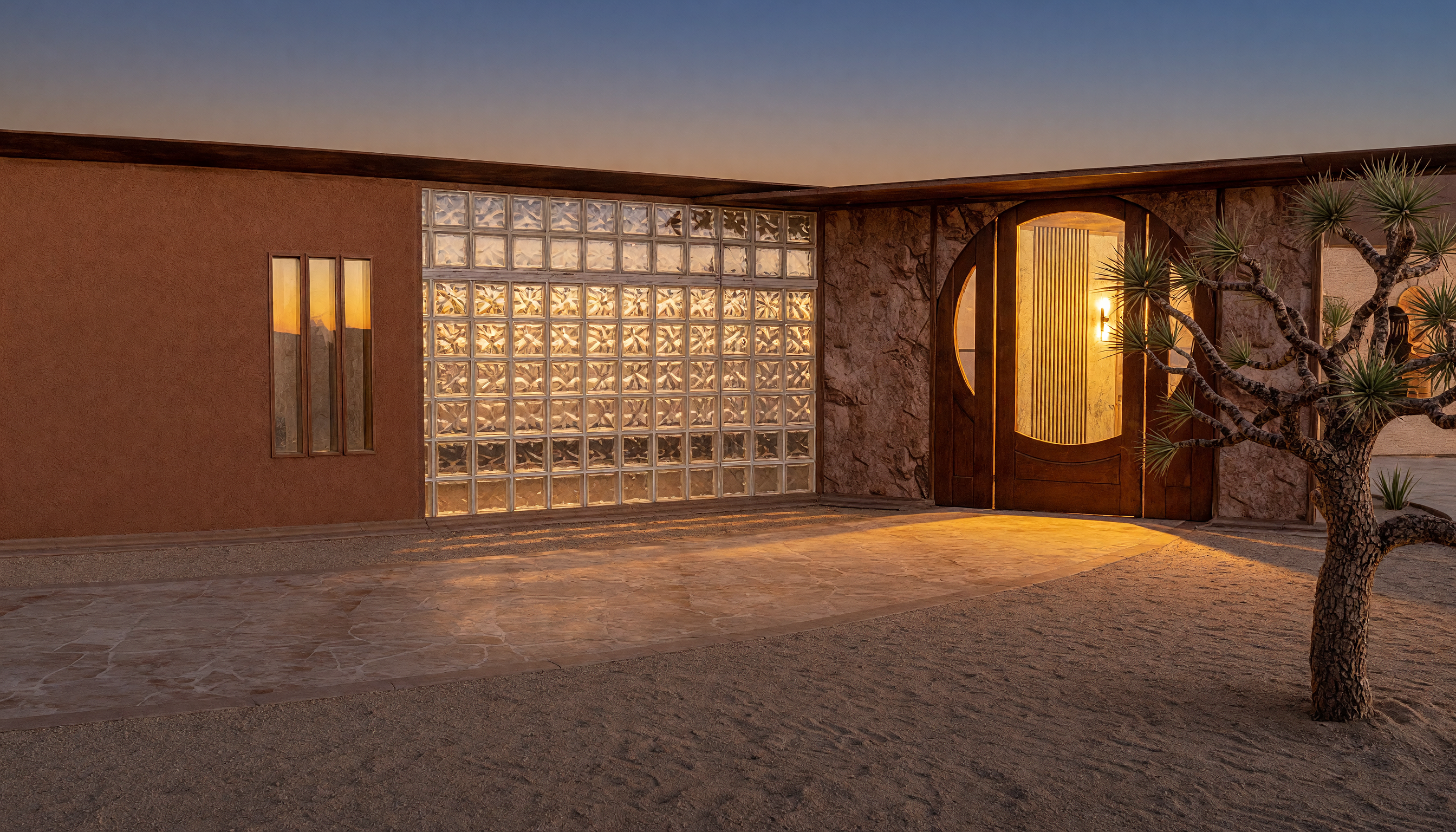 Infinity Villa entrance at dusk with warm copper tones