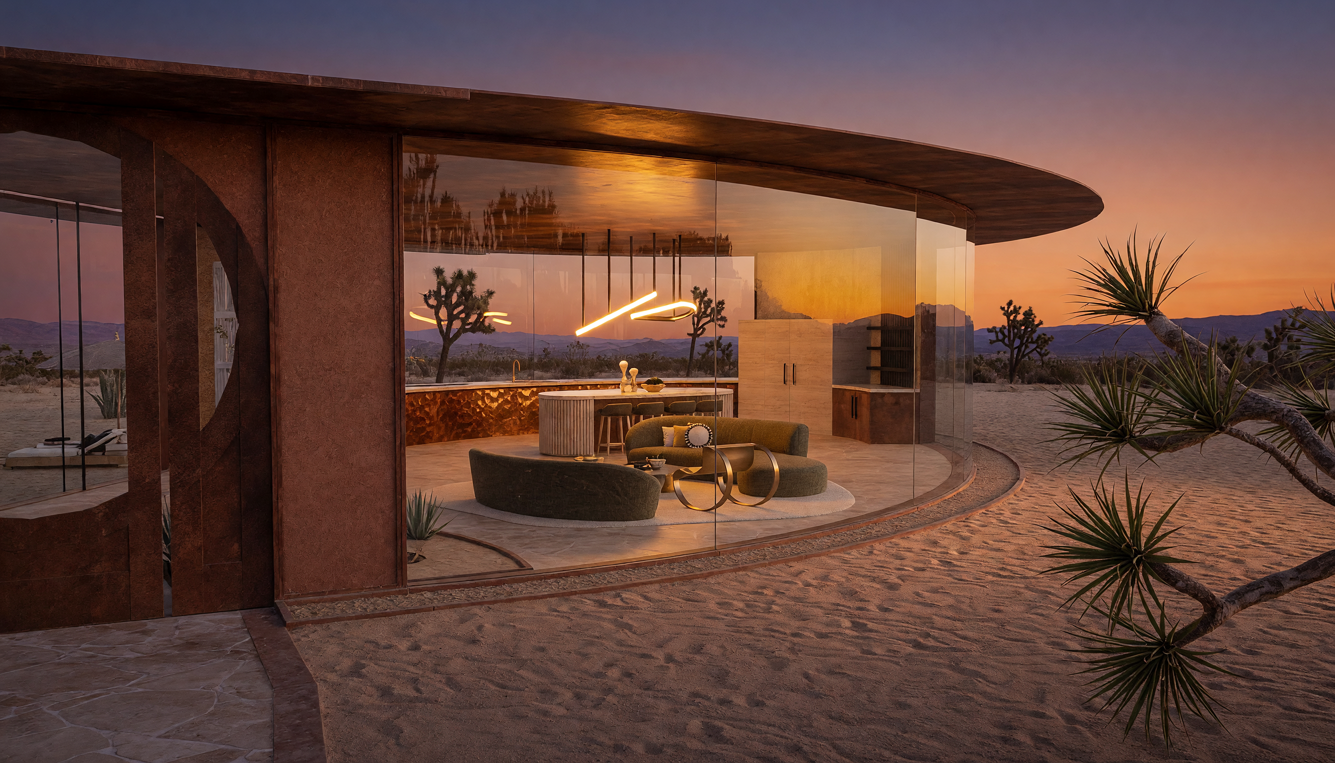 Infinity Villa — curved glass exterior against the desert at sunset