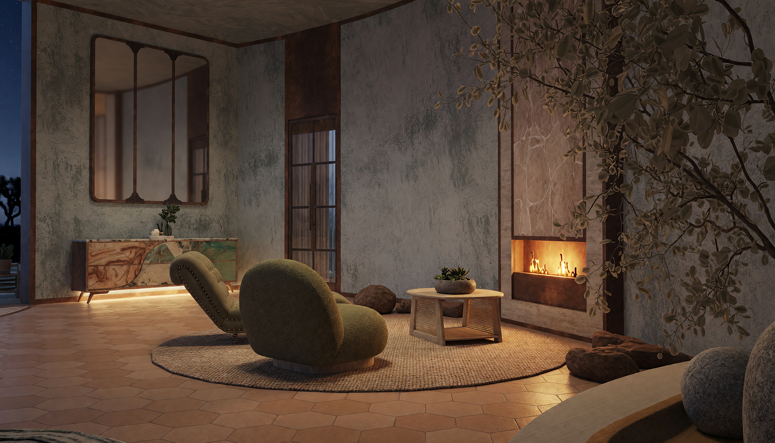 Infinity Villa outdoor fire lounge set against the desert