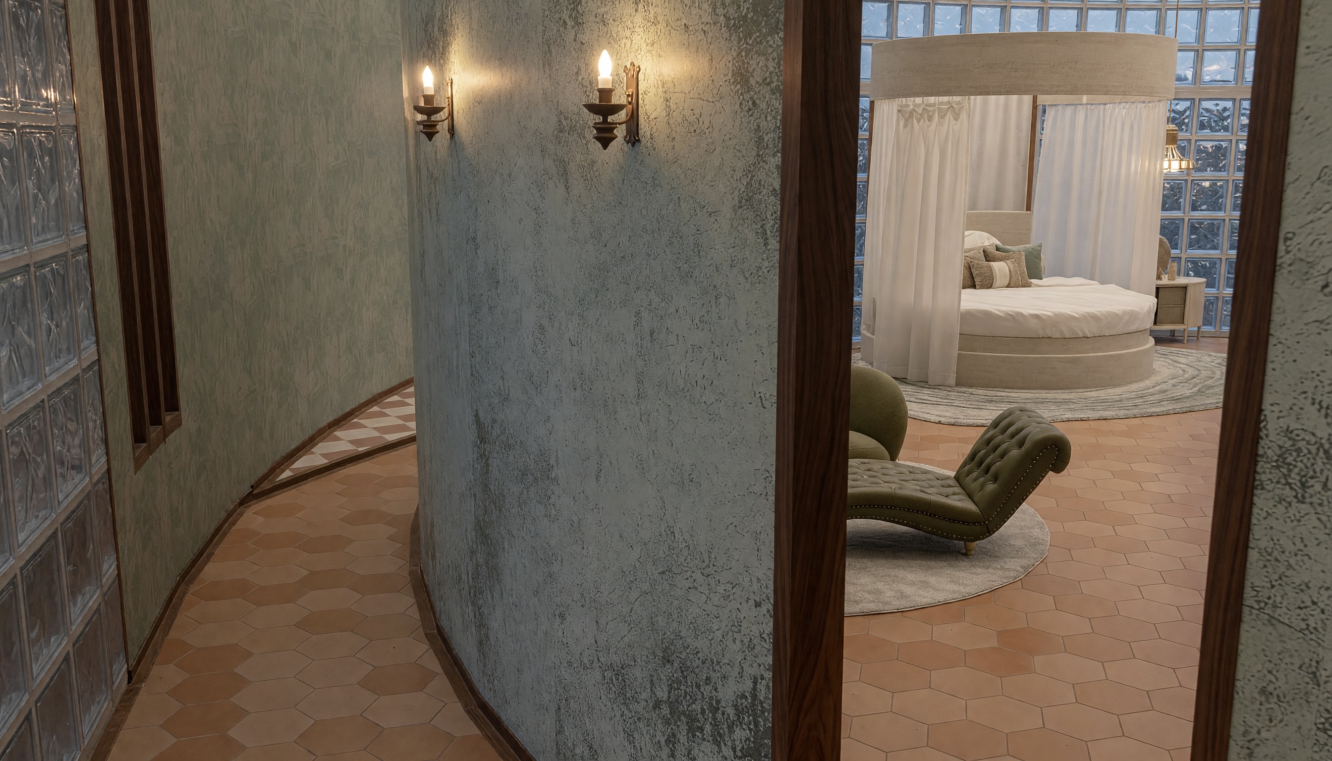 Infinity Villa hallway in warm dusk light