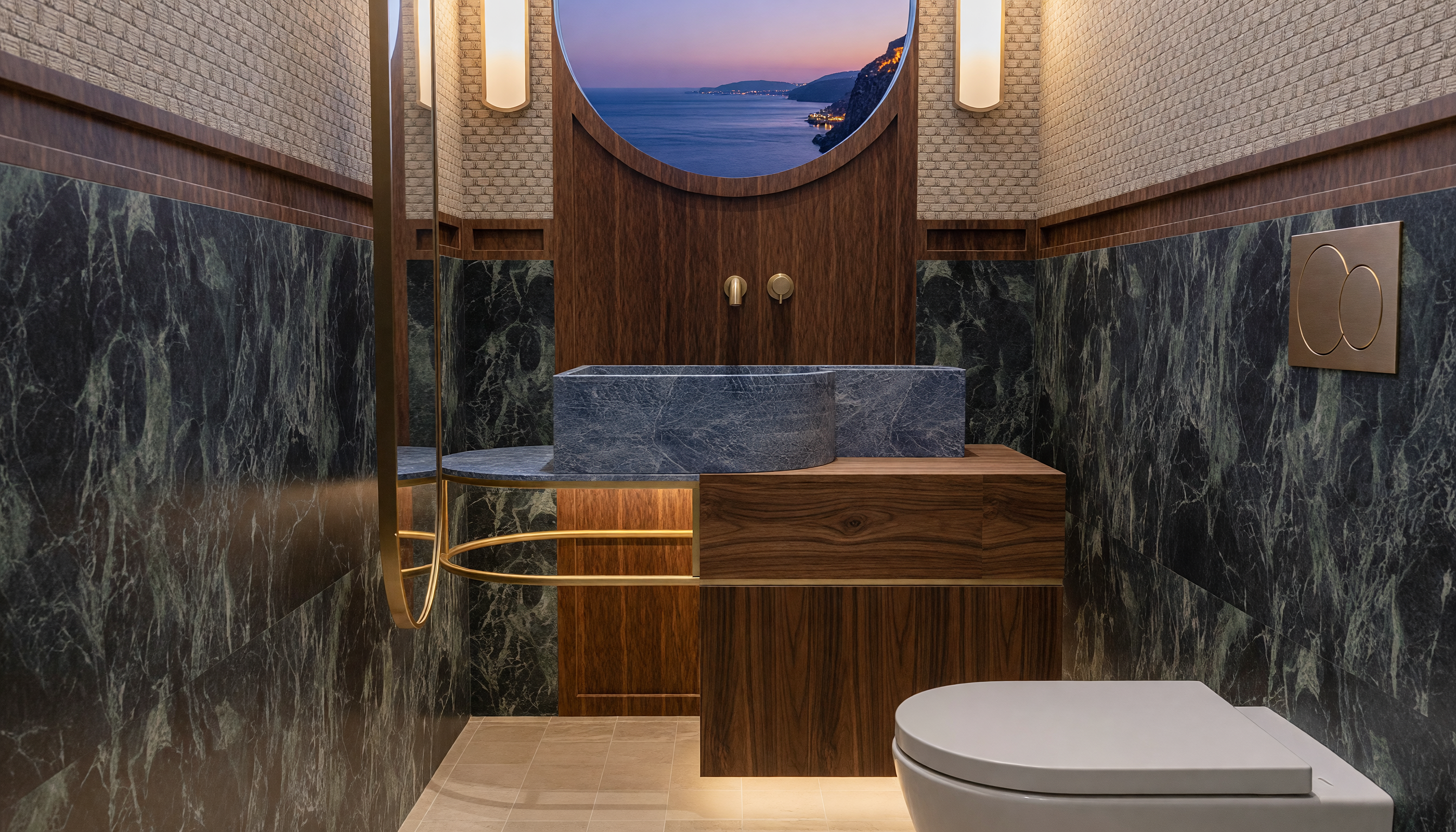 Powder room in green marble and walnut with a coastal view