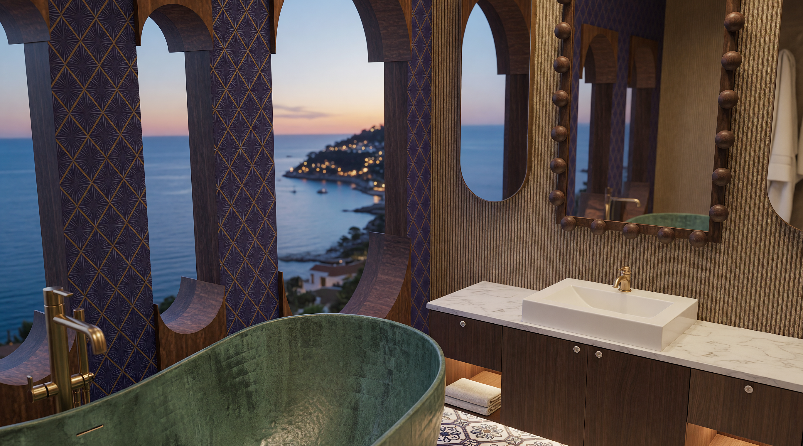 Green soaking tub framed by arched columns above a sunset coastline