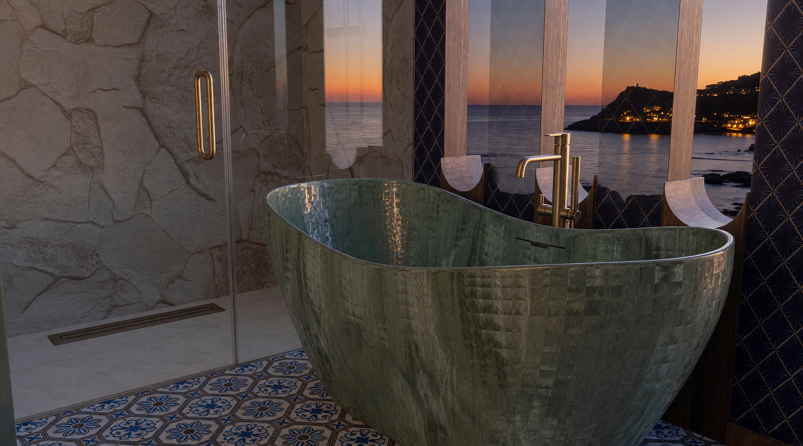 Green tub and stone walk-in shower over patterned tile flooring