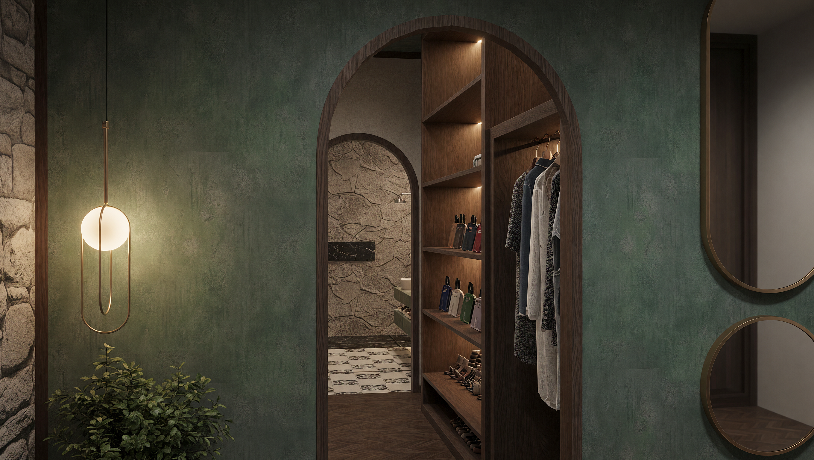 ANGUL-AIRE House — arched corridor to walk-in closet
