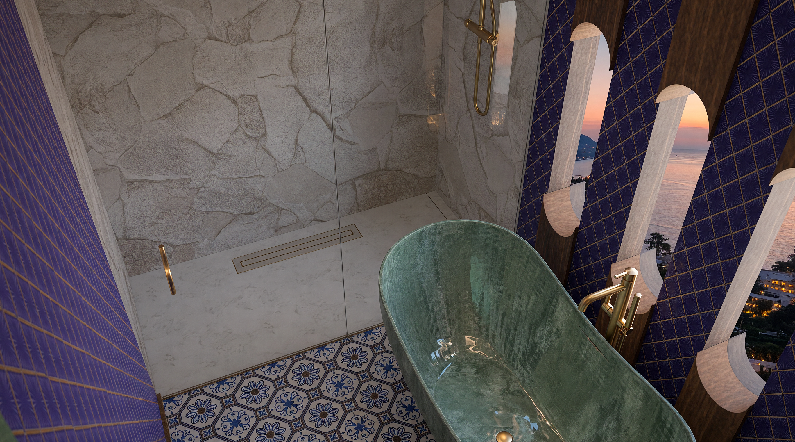 Elevated view of the green soaking tub against blue coastal tile at dusk
