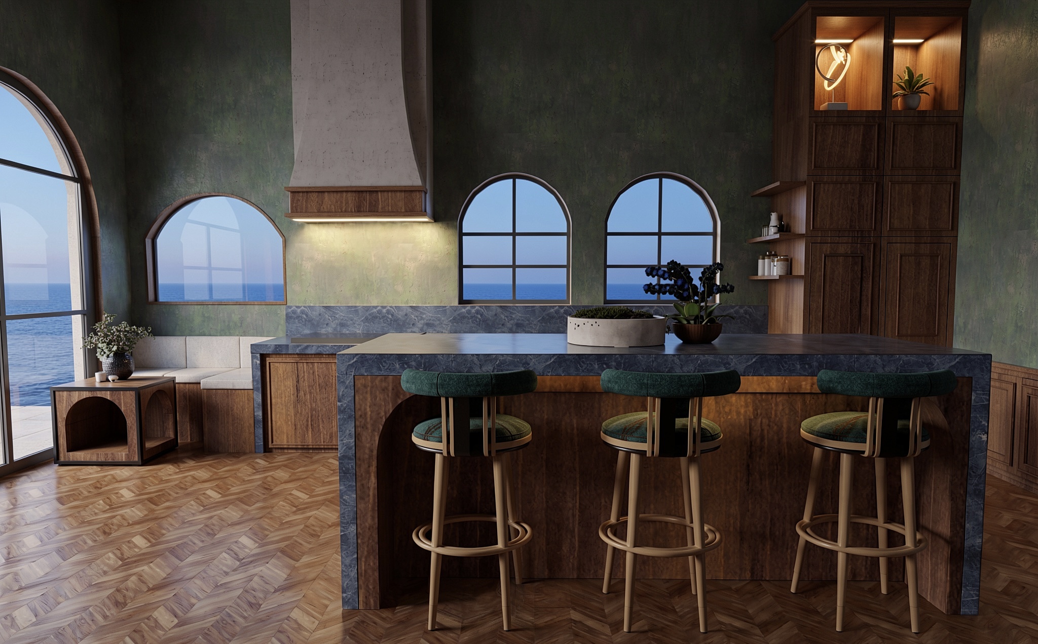 ANGUL-AIRE House — kitchen with walnut and stone
