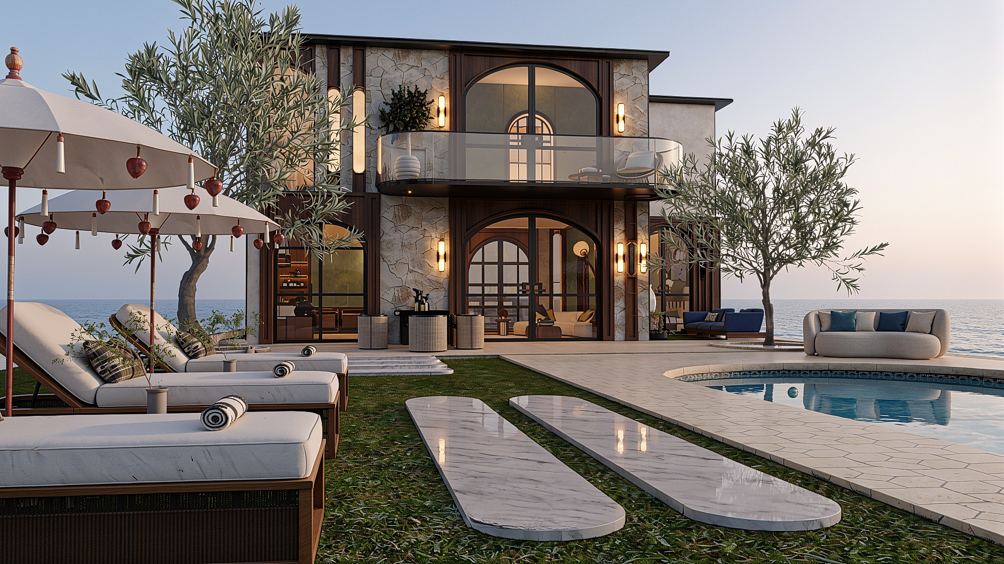 ANGUL-AIRE House — poolside exterior at dusk