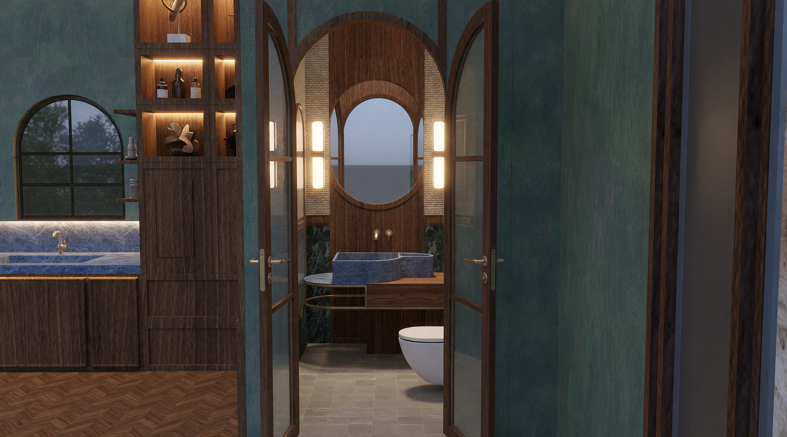 ANGUL-AIRE House — bathroom entry through arched walnut doors
