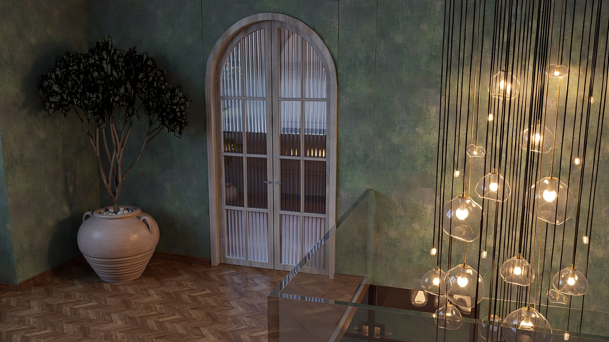 Landing entry with olive tree, arched glass door, and cascading pendants